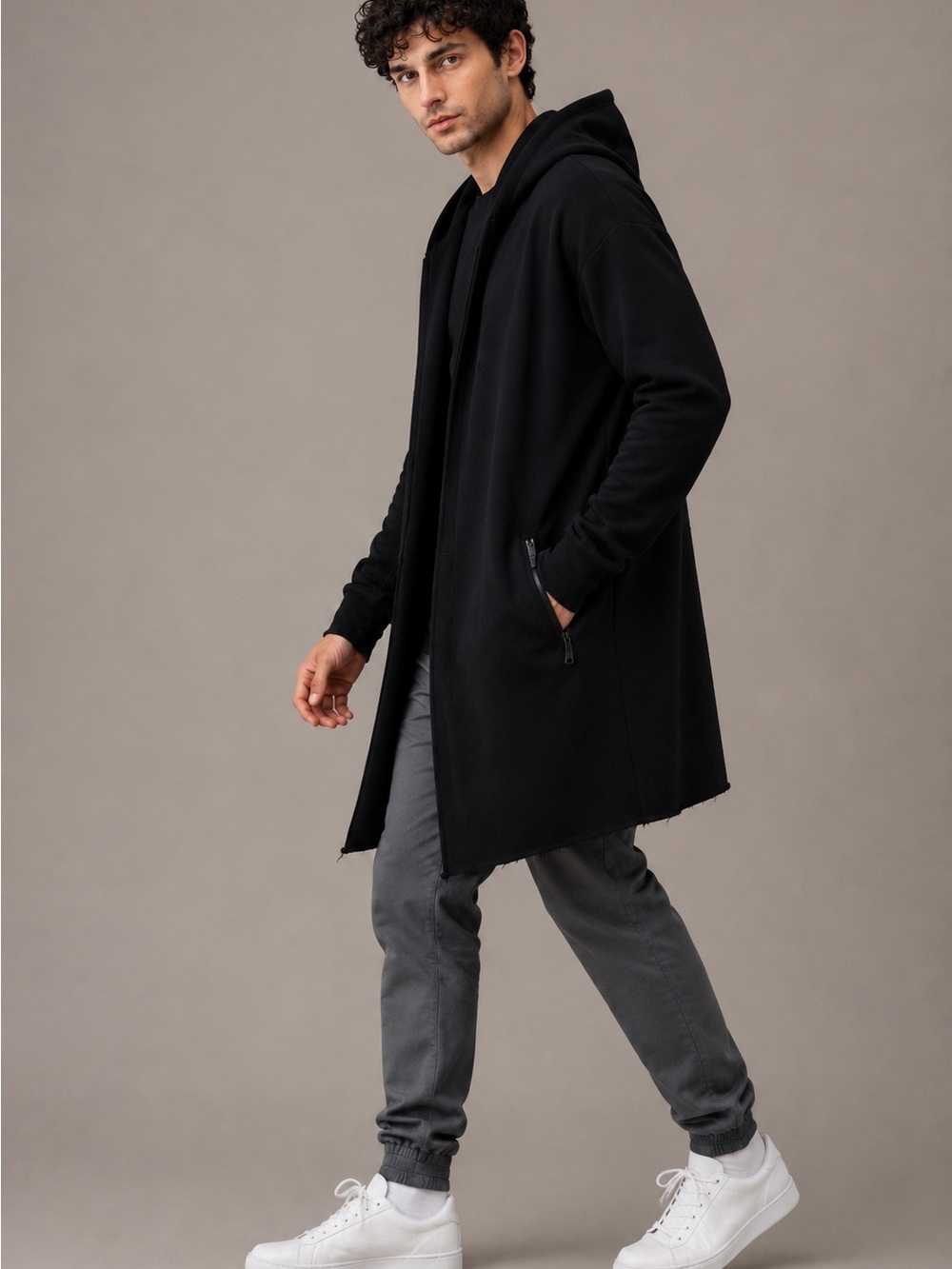 Zara Man Black Hooded Open Front Cardigan Coatigan Raw Hem Size M